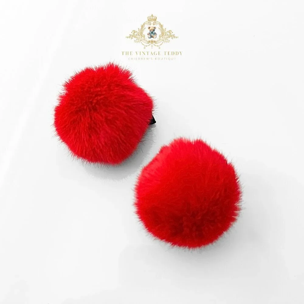 Cute Girls Pom Pom Hair Clips Boutique Hair Accessories for Girls Faux Fur Red